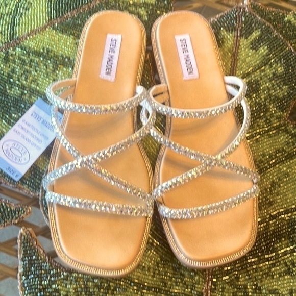 Brand New Steve Madden Glass Beaded Bling Multi Strap Slides  Slip On Sandals - Picture 3 of 15